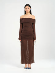 Brown Long Sleeve Off Shoulder Dress