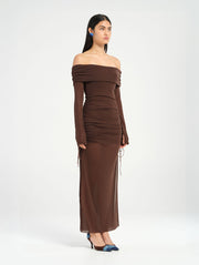 Brown Long Sleeve Off Shoulder Dress