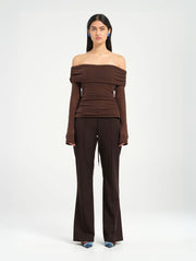 Brown Long Sleeve Off Shoulder Top