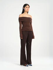 Brown Long Sleeve Off Shoulder Top