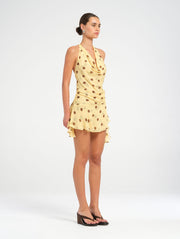 Yellow & Brown Polka Dot Halter Cowl Backless Mini Dress