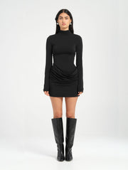 Black High Neck Long Sleeve Mini Dress with Racer Back and Cut Out Detail