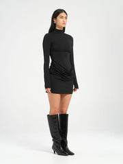 Black High Neck Long Sleeve Mini Dress with Racer Back and Cut Out Detail
