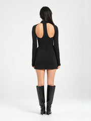 Black High Neck Long Sleeve Mini Dress with Racer Back and Cut Out Detail