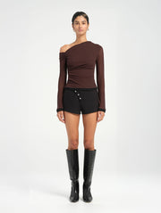 Brown Long Sleeved Asymmetric Top