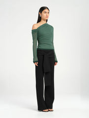 Green One Shoulder Long Sleeve Top