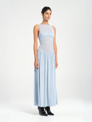 Blue Short Sleeve Mesh Maxi Dress with Gown Skirt