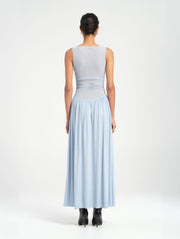 Blue Short Sleeve Mesh Maxi Dress with Gown Skirt