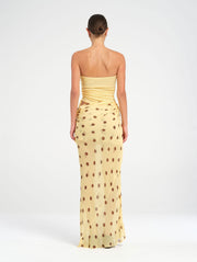 Yellow & Brown Polka Dot Strapless Maxi Dress