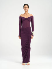 Purple Long Sleeve Ruched Off Shoulder Maxi Dress