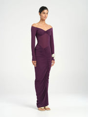 Purple Long Sleeve Ruched Off Shoulder Maxi Dress