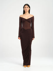Chocolate Brown Long Sleeve Ruched Off Shoulder Maxi Dress