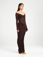 Chocolate Brown Long Sleeve Ruched Off Shoulder Maxi Dress