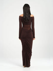 Chocolate Brown Long Sleeve Ruched Off Shoulder Maxi Dress