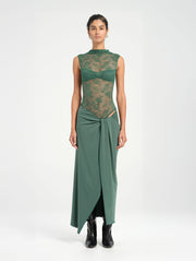 Green Lace Maxi Dress with Twist Cowl Waist