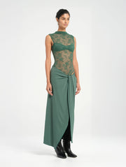 Green Lace Maxi Dress with Twist Cowl Waist