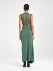 Green Lace Maxi Dress with Twist Cowl Waist